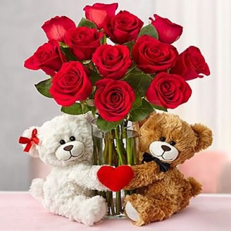 Red Roses in Glass Vase with Cute teddy Online flower delivery in Jaipur Delivery Jaipur, Rajasthan